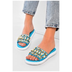 Шлепанцы женские голубого цвета с бусинами 160040L
