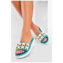 Шльопанці жіночі блакитного кольору з намистинами 160042L