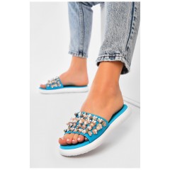 Шльопанці жіночі блакитного кольору з намистинами 163890L