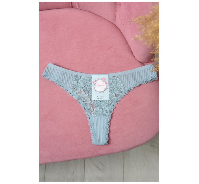 Стринги женские в рубчик с гипюровыми вставками серо-голубого цвета 171638L