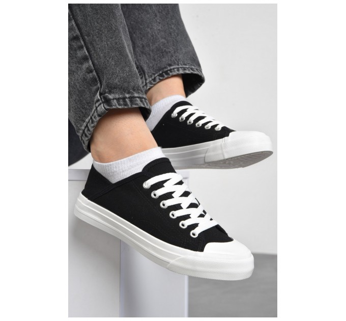 Кеды женские текстильные черного цвета на шнуровке 178886L