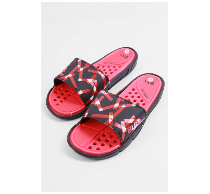 Шльопанці чоловічі чорно-червоного кольору з геометричним візерунком 179498L