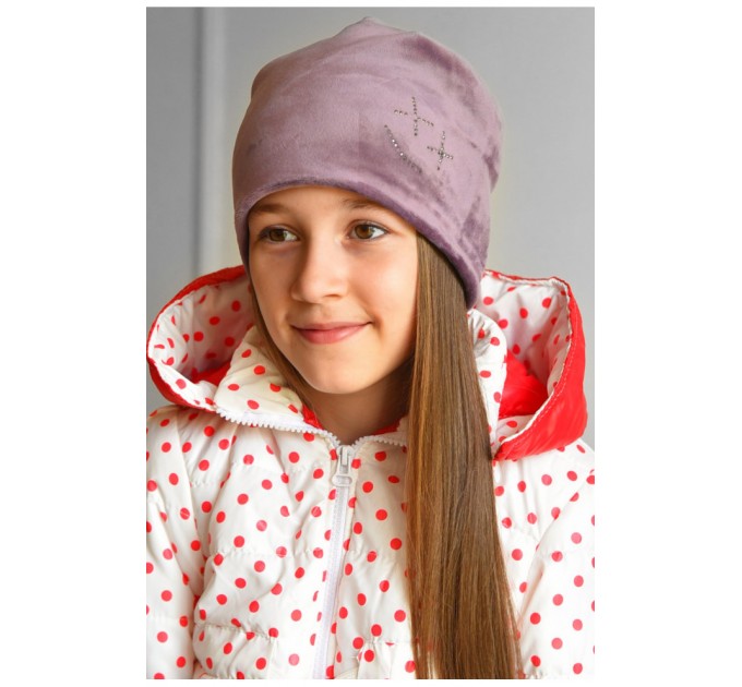 Шапка підліткова для дівчинки велюрова бузкового кольору 182940L