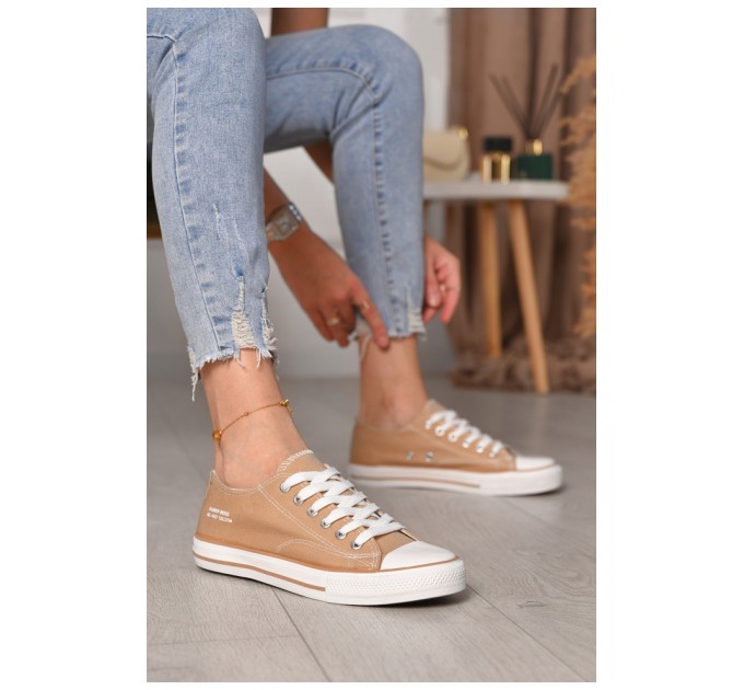 Кеди жіночі бежевого кольору на шнурівці текстиль 183287L