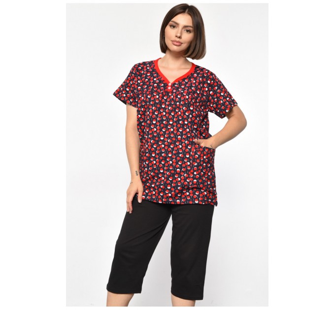 Костюм женский домашний полубатальный темно-синего цвета с принтом 185740L