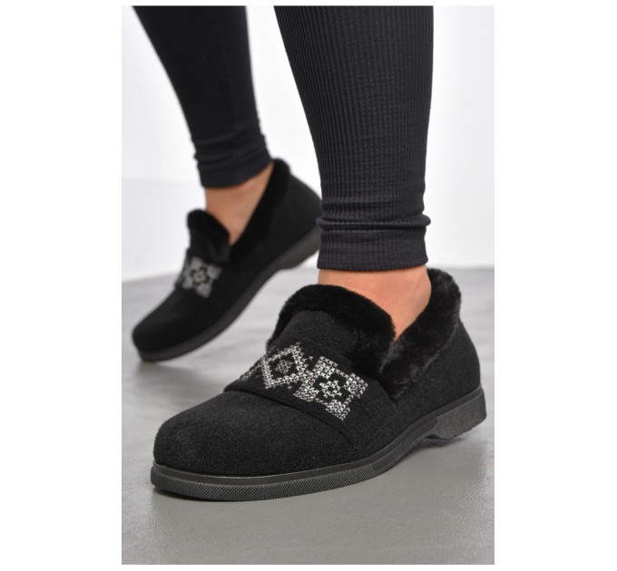 Капці жіночі на хутрі чорного кольору з візерунком 186085L