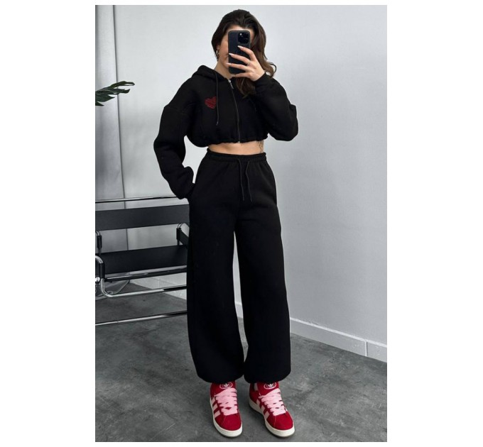 Спортивний костюм жіночий на флісі чорного кольору 186871L