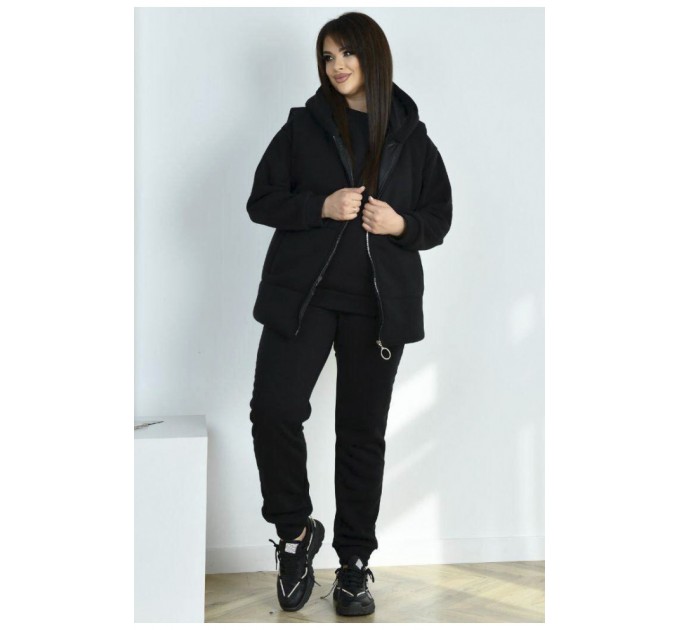 Спортивный костюм женский полубатальная тройка на флисе черного цвета 188982L