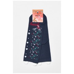 Шкарпетки жіночі з новорічним принтом темно-синього кольору 190971L