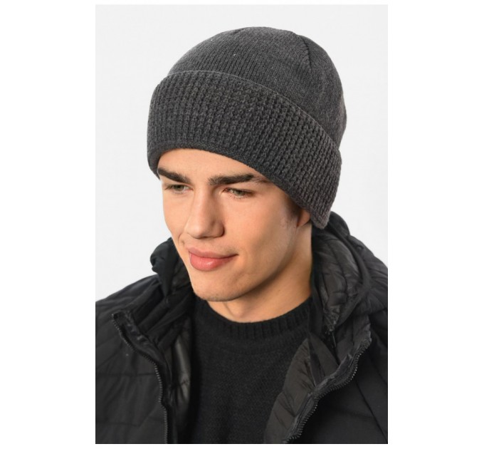 Шапка чоловіча з підворотом на флісе сірого кольору 191786L