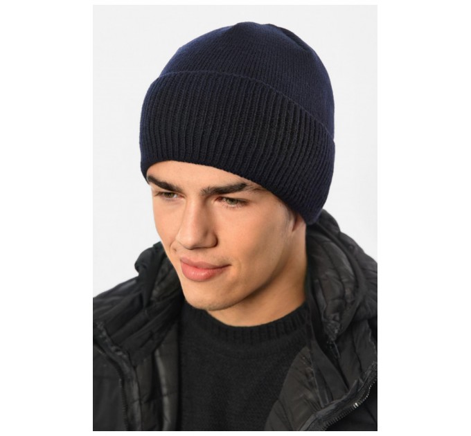 Шапка чоловіча з підворотом на флісе темно-синього кольору 191803L