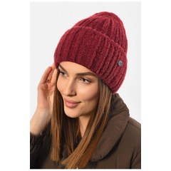 Шапка жіноча зимова на флісі однотонна бордового кольору 193198L
