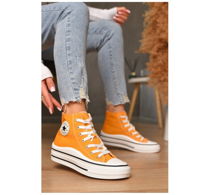 Кеди жіночі високі помаранчевого кольору на шнурівці текстиль 206209L