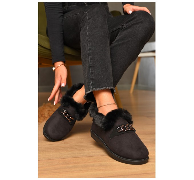 Тапочки женские на меху черного цвета 206300L
