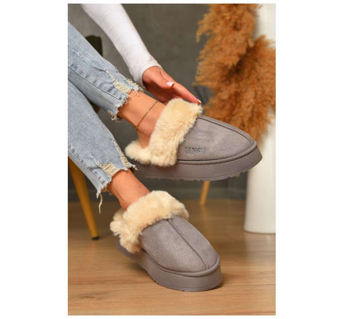 Домашние тапочки женские на меху серого цвета 206330L