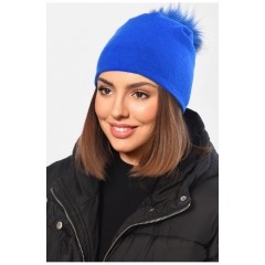 Шапка женская весна-осень синего цвета с синим бубоном 150929L