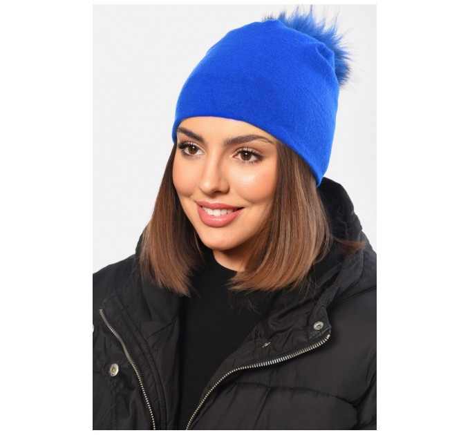 Шапка женская весна-осень синего цвета с синим бубоном 150929L