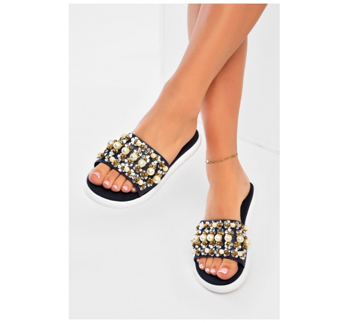 Шльопанці жіночі темно-синього кольору з намистинами 159991L