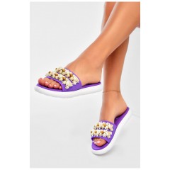 Шльопанці жіночі бузкового кольору з намистинами 160036L