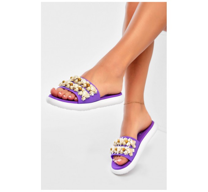 Шльопанці жіночі бузкового кольору з намистинами 160036L