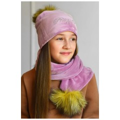 Набір шапка+шарф підлітковий для дівчинки велюровий рожевого кольору 182947L