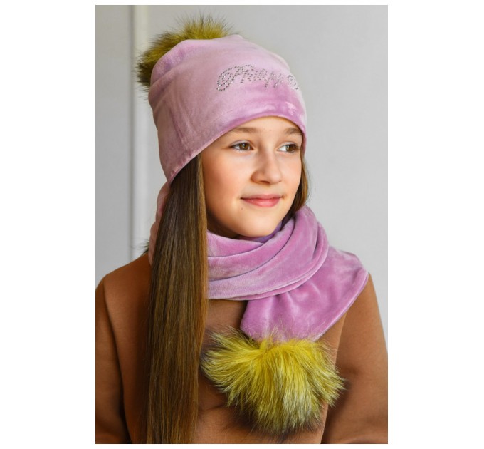 Набір шапка+шарф підлітковий для дівчинки велюровий рожевого кольору 182947L