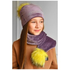 Набор подростковый шапка+шарф для девочки велюровый сиреневого цвета 183022L