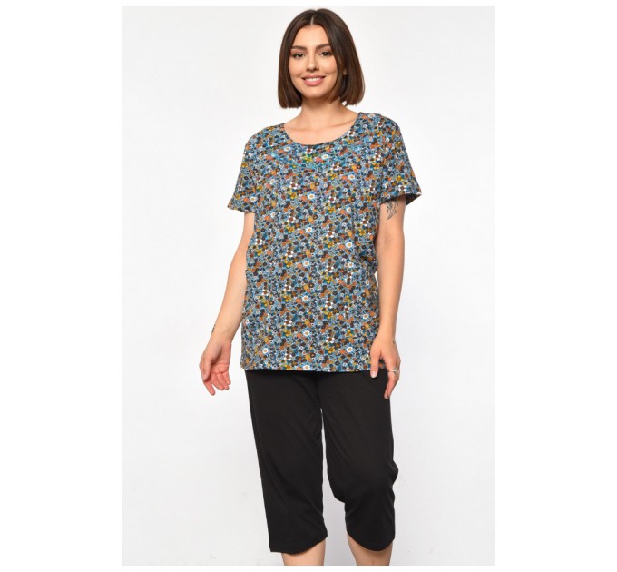 Костюм женский домашний полубатальный бирюзового цвета с принтом 185691L