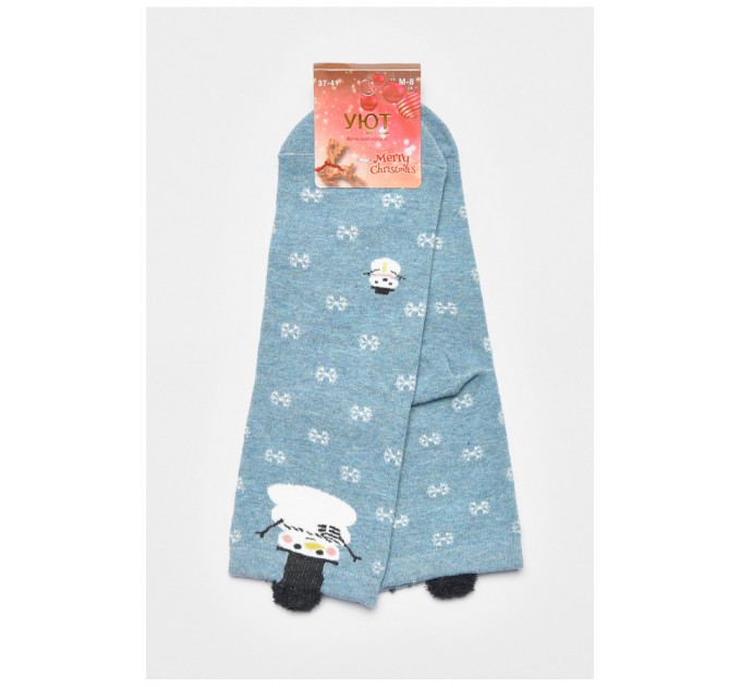 Носки женские с новогодним принтом голубого цвета 190960L