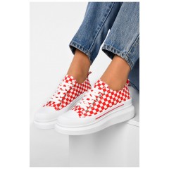 Кеди жіночі біло-червоного кольору на шнурівці текстиль 200460L