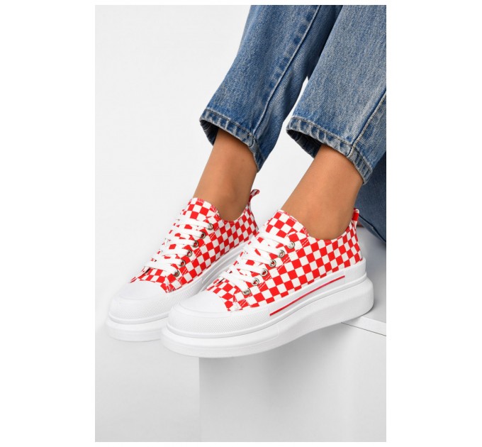 Кеды женские бело-красного цвета на текстильной шнуровке 200460L