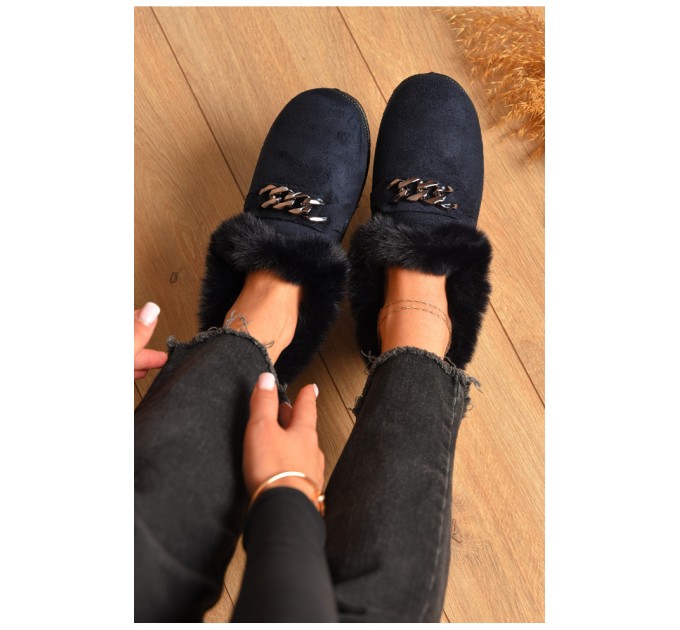 Тапочки женские на меху синего цвета 206302L