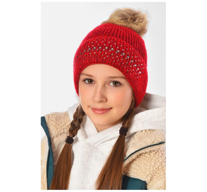 Шапка дитяча тепла бордового кольору для дівчинки на 10-14 років 153180L