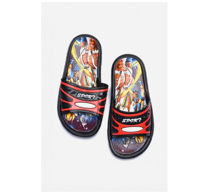 Шльопанці дитячі чорно-червоного кольору з написом 155352L