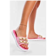 Шльопанці жіночі рожевого кольору з намистинами 160038L