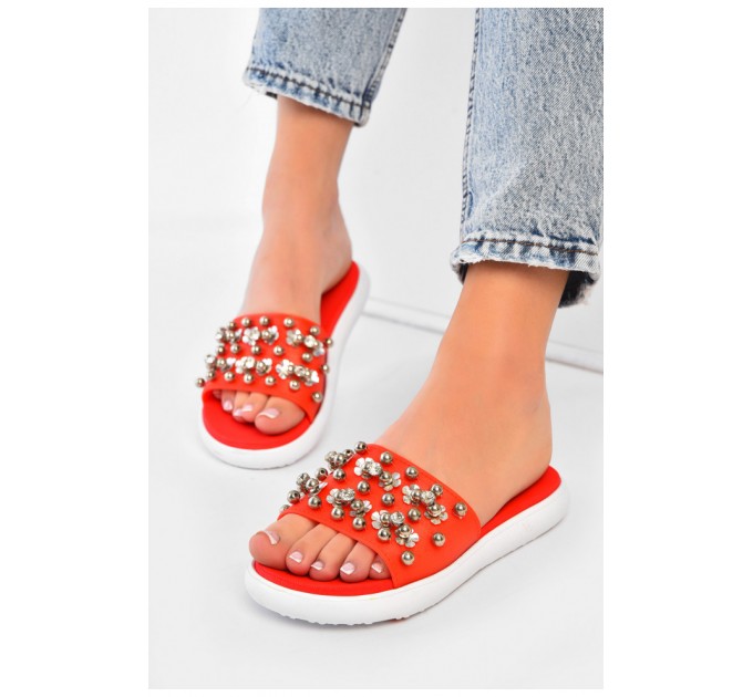 Шлепанцы женские оранжевого цвета с бусинами 160043L