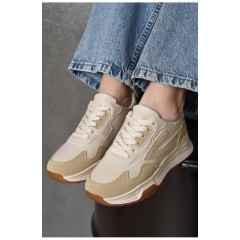 Кросівки жіночі бежево-білого кольору на шнурівці 165958L