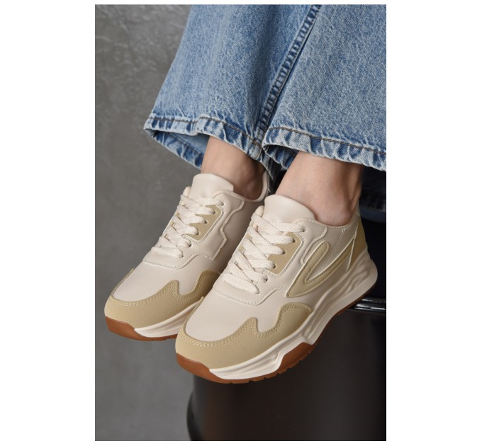 Кросівки жіночі бежево-білого кольору на шнурівці 165958L