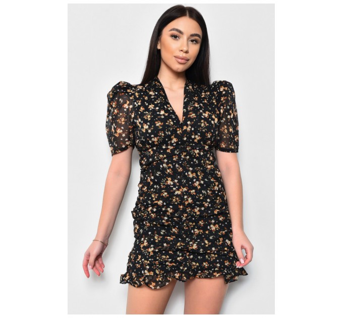 Платье женское шифоновое черного цвета в цветочек 171443L