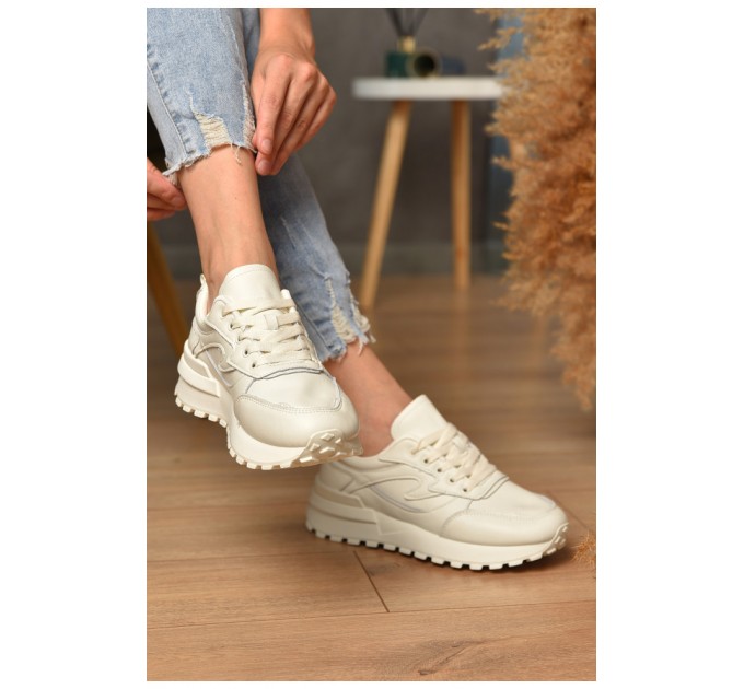Кросівки жіночі натуральна шкіра молочного кольору на шнурівці 176436L