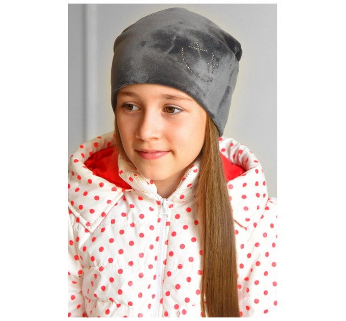 Шапка підліткова для дівчинки велюрова сірого кольору 182939L