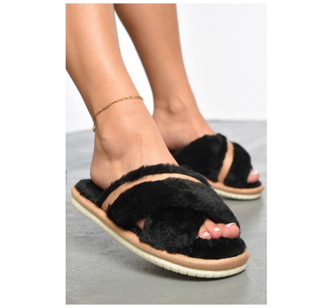 Капці домашні жіночі хутряні чорного кольору 184662L