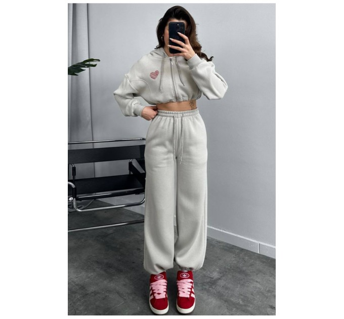 Спортивний костюм жіночий на флісі бежевого кольору 186872L