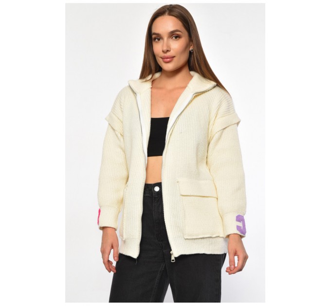 Женская кофта на молнии акриловая молочного цвета. 187202L