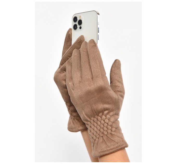 Рукавички жіночі замшеві на штучному хутрі сенсорні кольору мокко 187484L