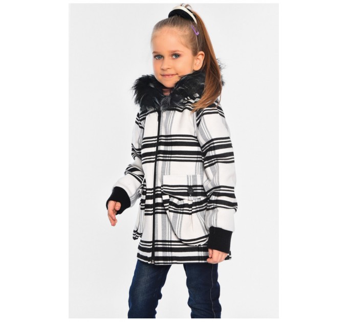 Пальто демісезонне для дівчинки текстильне на штучному хутрі чорно-білого кольору 187516L