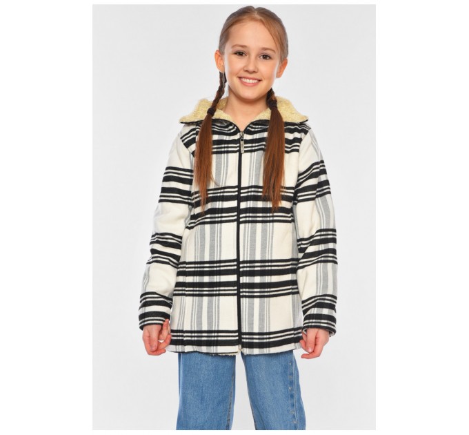 Демисезонное пальто для девочки текстильное на искусственном меху черно-белого цвета 187518L