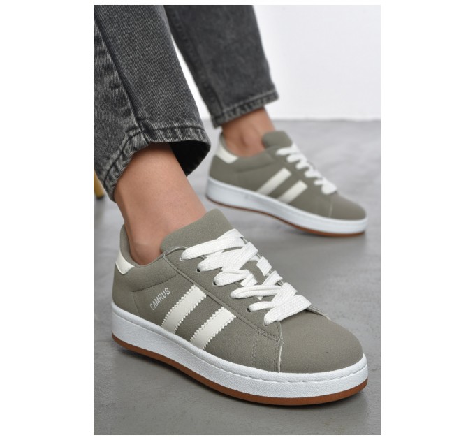 Кросівки жіночі сірого кольору на шнурівці замша 187545L