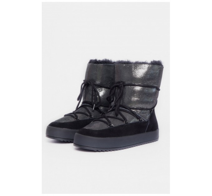 Угги женские искусственная замша черного цвета на меху со шнуровкой 188155L