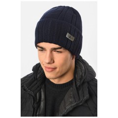 Мужская шапка с подворотом на флисе темно-синего цвета 191782L